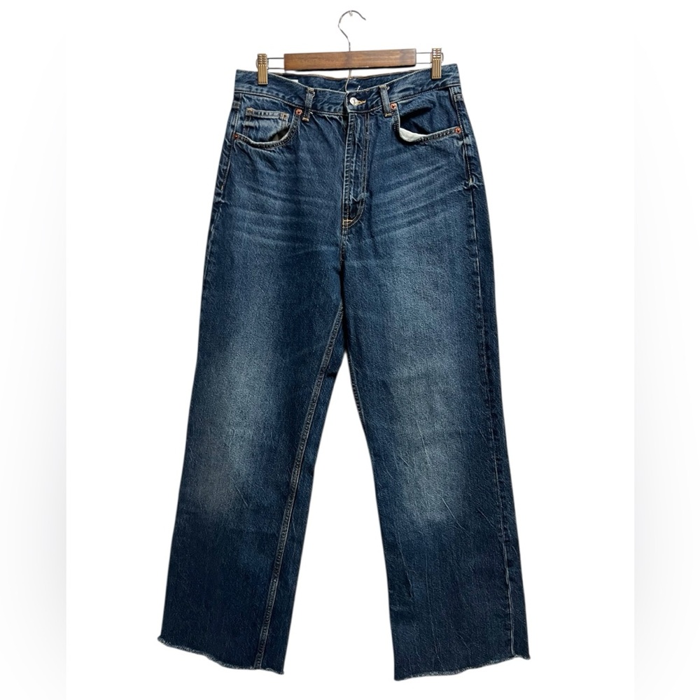 Zara High Rise Straight Wide Leg Raw Hem Acid Wash jeans size 10